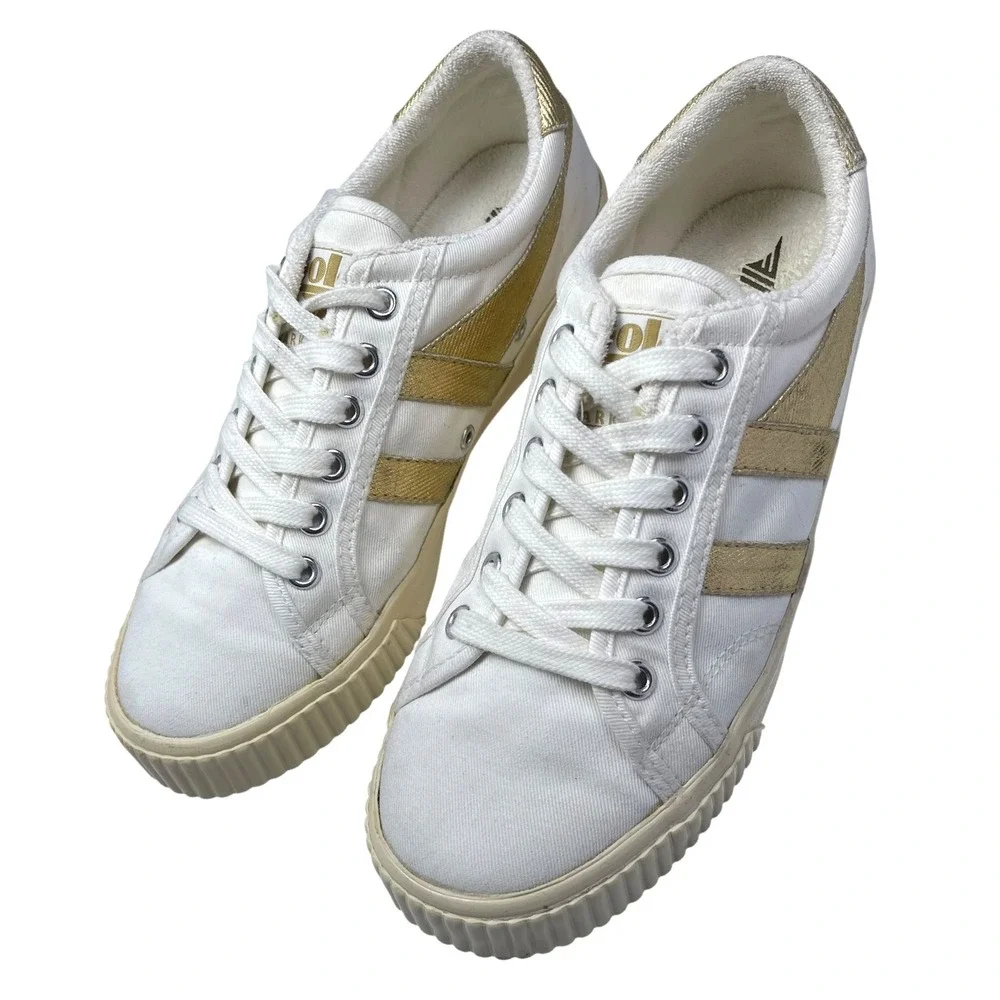 Gola Women's Tennis Mark Cox Sneakers in Off-White and Gold Preppy Casual Sporty